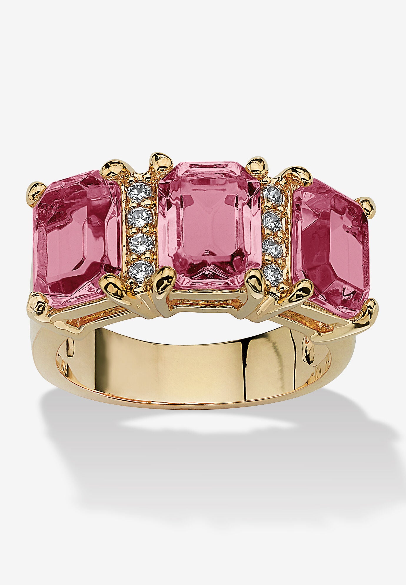 Yellow Gold-Plated Emerald Cut 3 -Stone Simulated Birthstone & CZ Ring, OCTOBER, hi-res image number 0