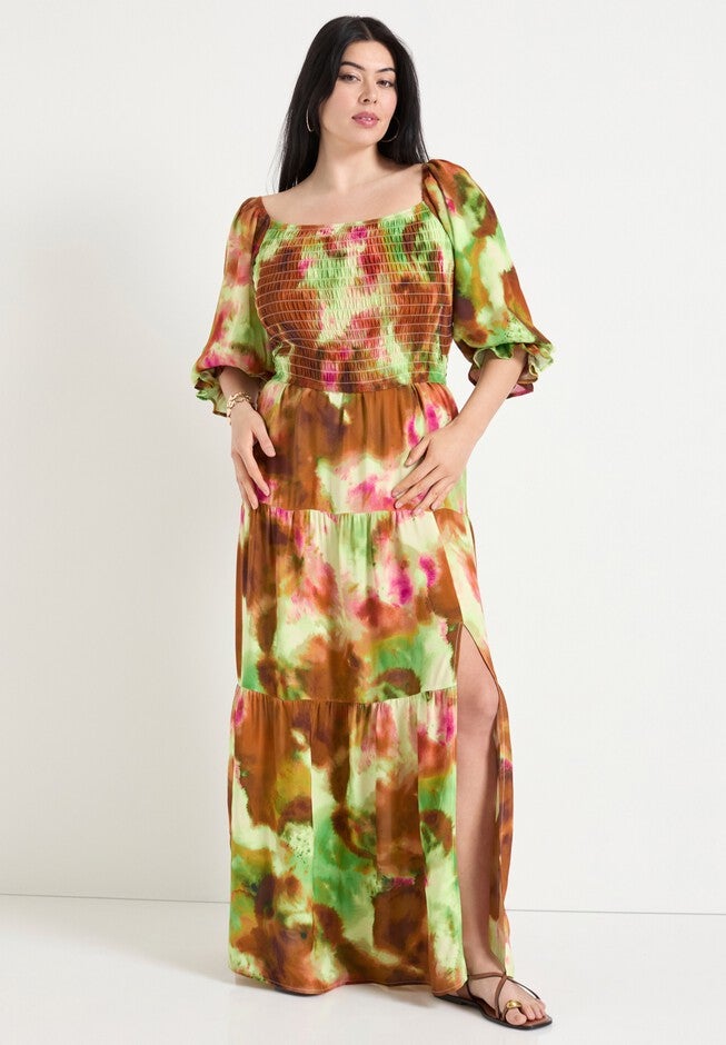 Off-The-Shoulder Smocked Cropped Top, WATERCOLOR TIE DYE, alternate image number null