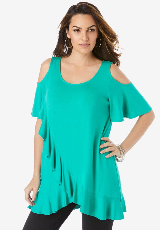 Cold-Shoulder Ruffle Ultra Femme Tunic, TROPICAL EMERALD, hi-res image number null