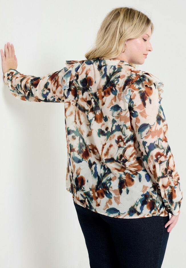 Ruffle Button-Down Blouse, WATERCOLOR FLORAL, on-hover image number null