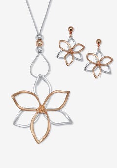 14K Rose-Plated Flower Drop Earring And Necklace Set 36-Inch