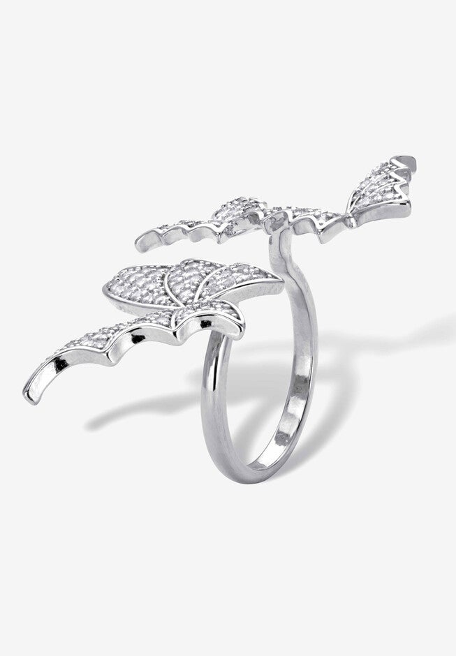 Silvertone Round Crystal Adjustable Butterfly Ring, , on-hover image number 1