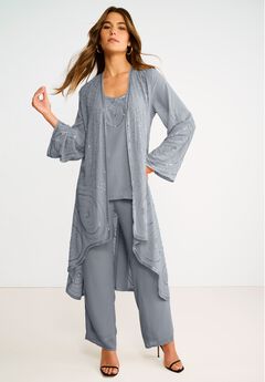 Plus Size Beaded Georgette Scoop Neck 3-Piece Pant Set