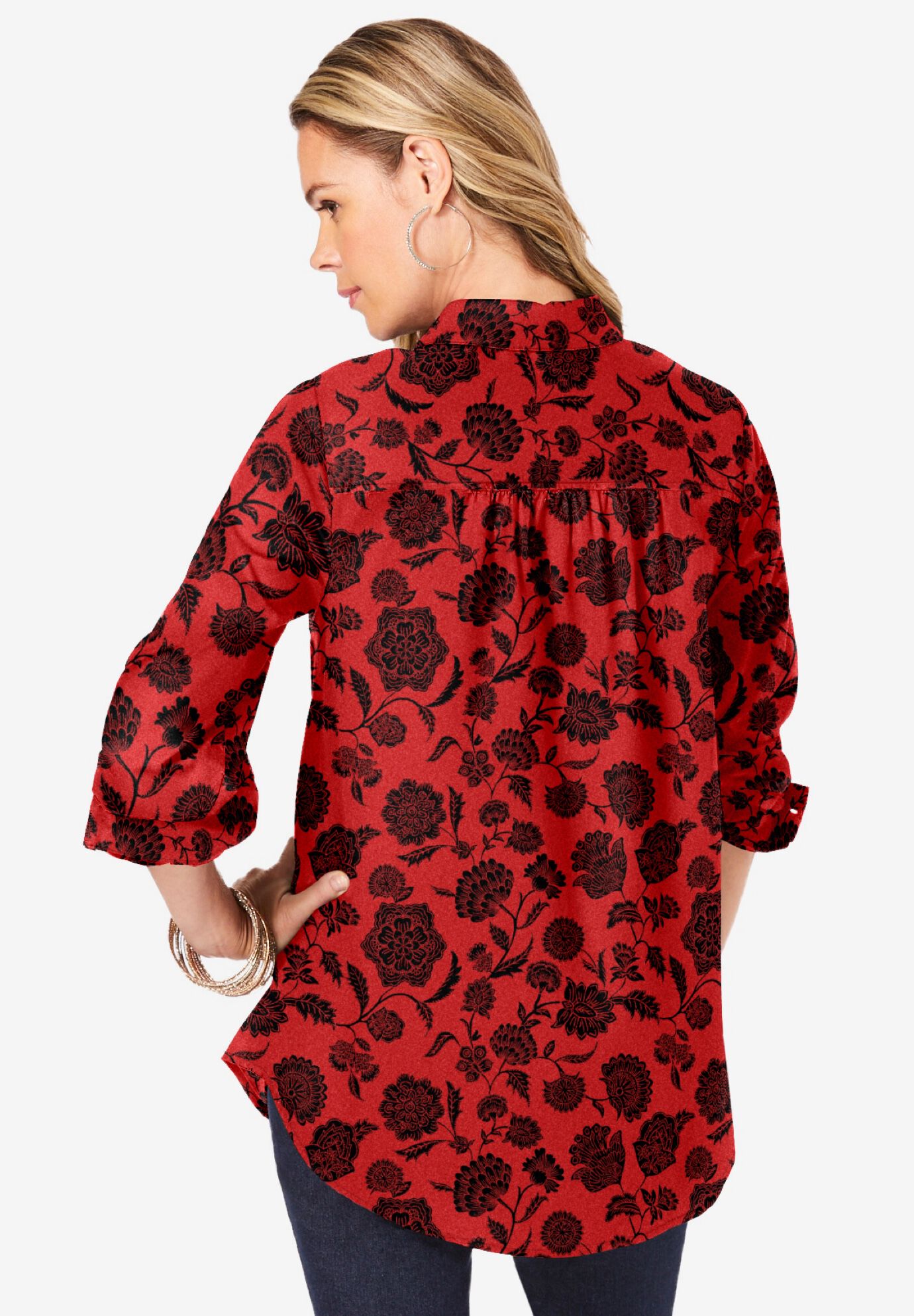 Plus Size Kate Long Sleeve Easy Cotton-Blend Button-Front Shirt, VIVID RED FLORAL, alternate image number 2
