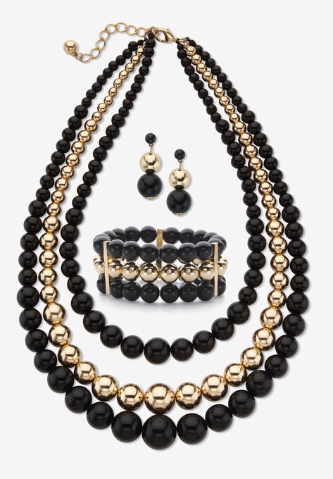 3-Piece Set Bib Necklace (43Mm), Round Simulated Beads, 16.5 Inches Plus 3" Ext, WHITE, hi-res image number null