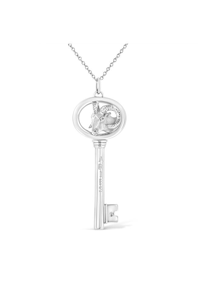Sterling Silver Diamond Accent Aries Zodiac Key Pendant Necklace, WHITE, hi-res image number 0