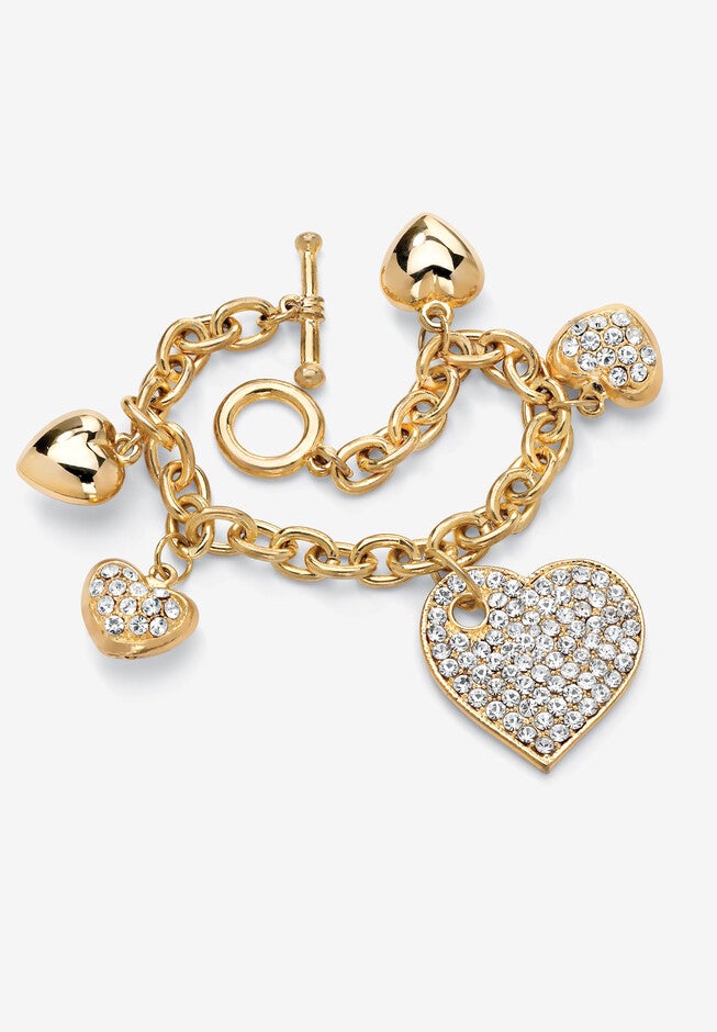 Goldtone Multi Heart Charm Bracelet (34Mm), Round Crystal, 8 Inches, CRYSTAL, hi-res image number null