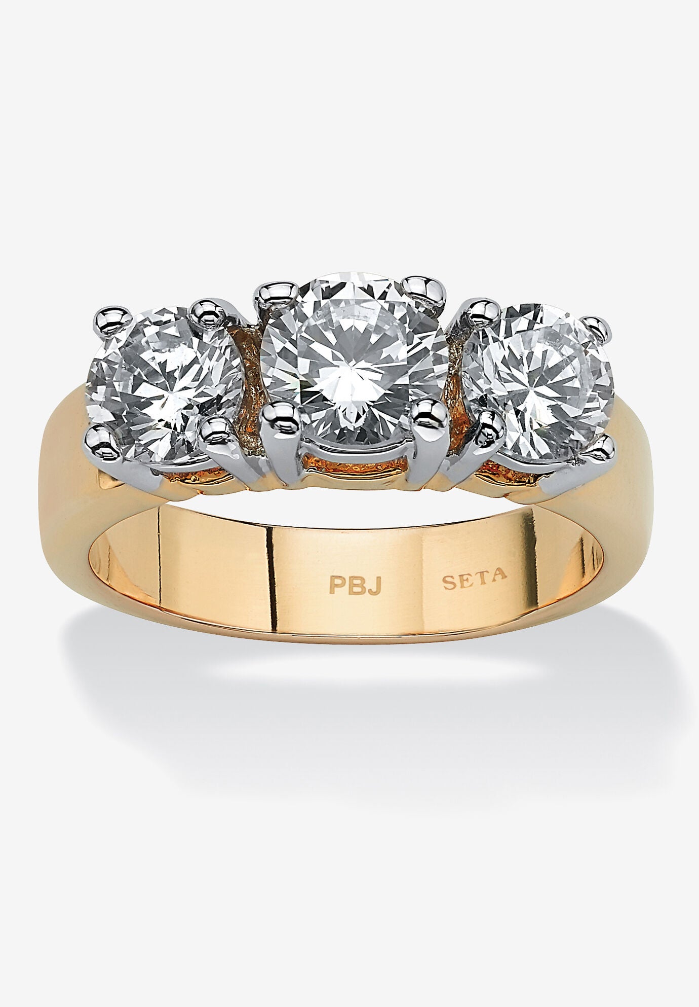 2.28 Tcw Round Cubic Zirconia Three-Stone Anniversary Ring Gold-Plated, GOLD, hi-res image number 0