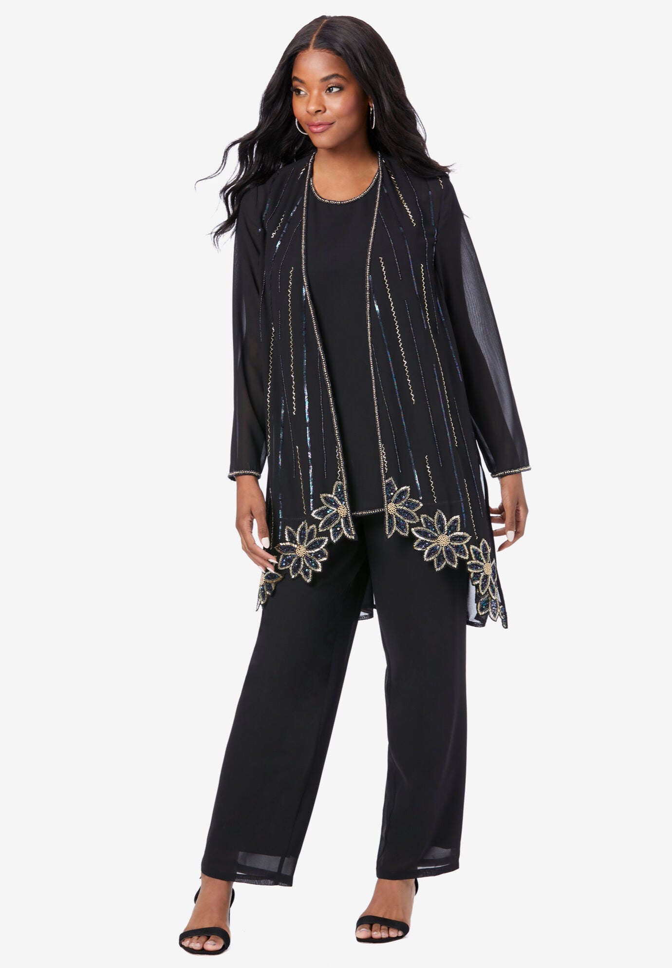 Beaded Three Piece Pant Suit Outfit Black Catherines