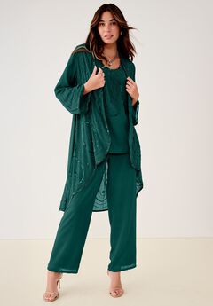 Plus Size Beaded Georgette Scoop Neck 3-Piece Pant Set