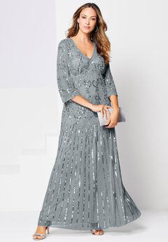 Plus Size Beaded V-Neck 3/4 Sleeve Sleeve Maxi Gown