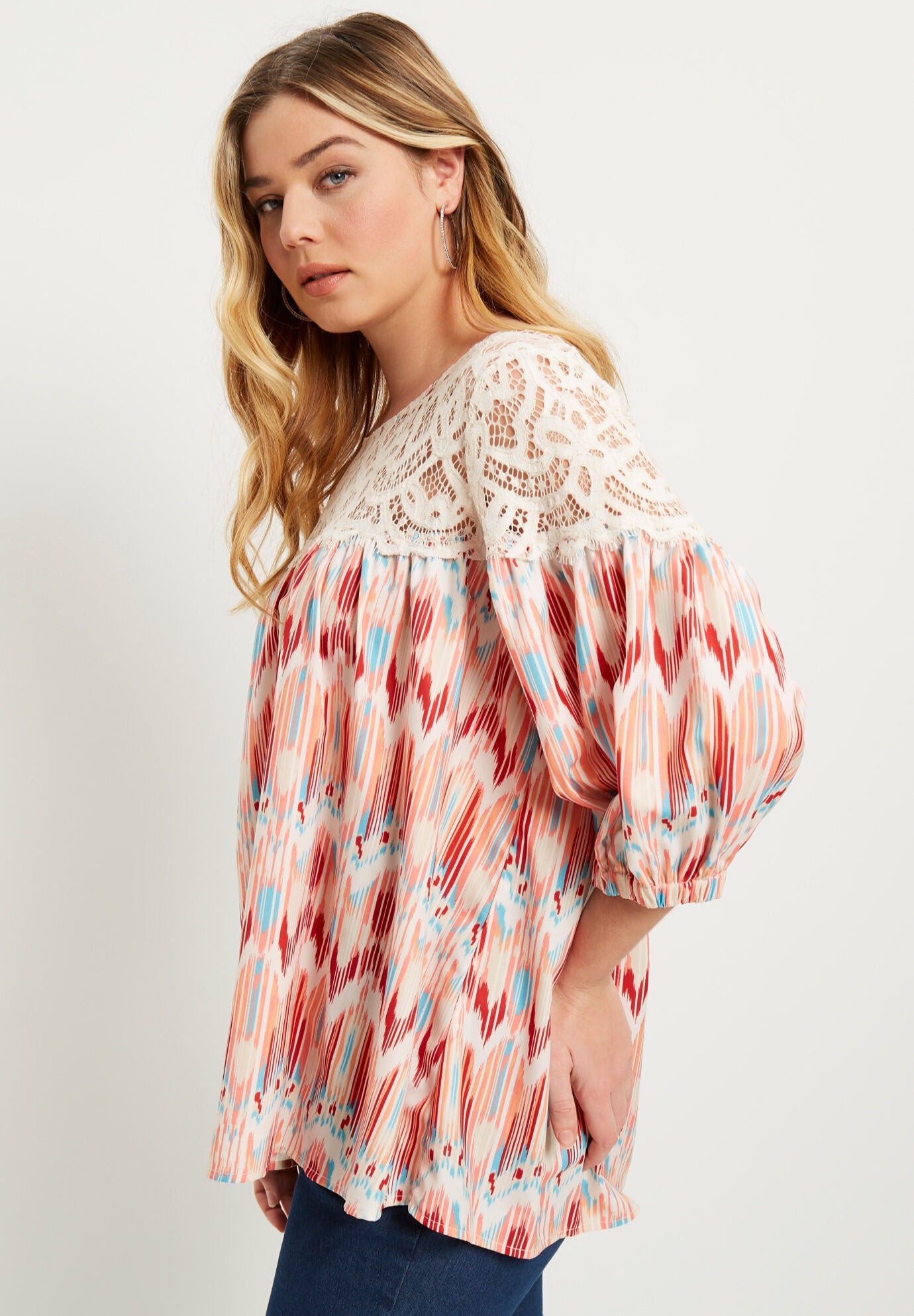 Blouson-Sleeve Crochet Yoke Blouse., , alternate image number 2