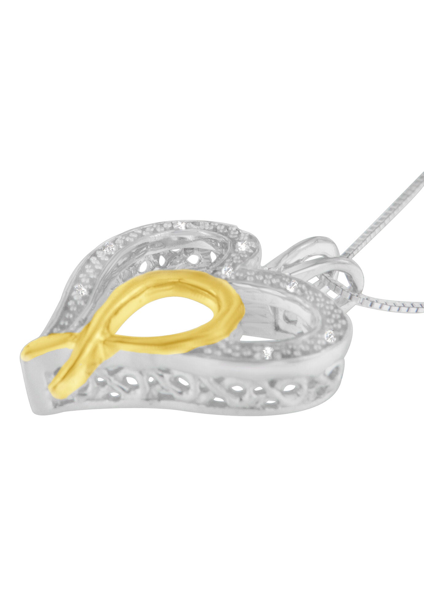 Silver Two Toned Diamond Accent Heart-Ribbon Pendant Necklace, , alternate image number 2