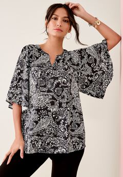 Notch-Neck Flutter-Sleeve Blouse