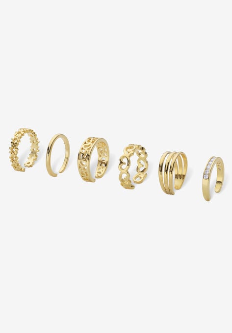 Goldtone Crystal Filigree and Floral 6-Piece Adjustable Toe Ring Set, , on-hover image number null