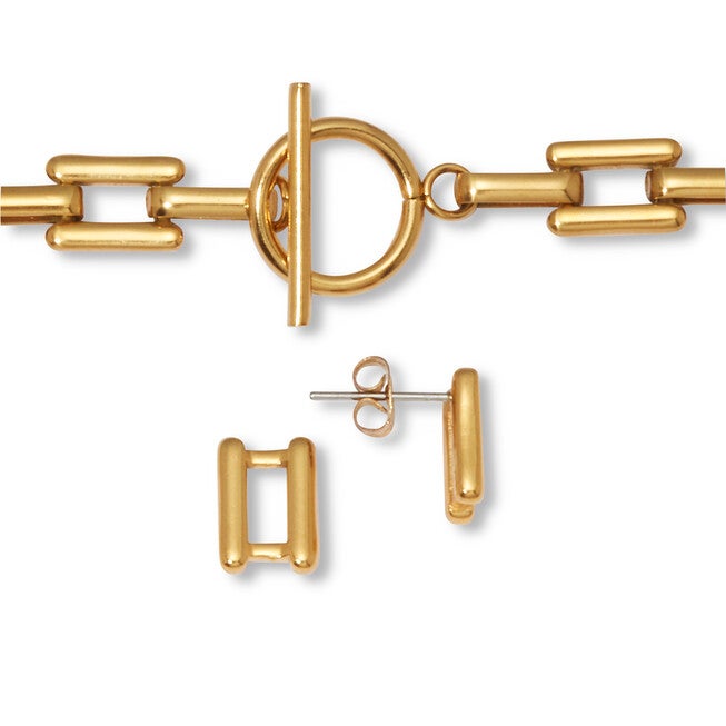 Yellow Gold Ion-Plated Stainless Steel Square Link Jewelry 3-Piece Set, GOLD, on-hover image number null