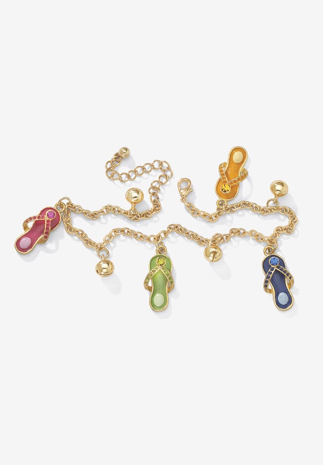 Gold Tone Flip Flop Charm Ankle Bracelet with Crystals 9 inches Plus 1 inches Extender, GOLD, hi-res image number 0