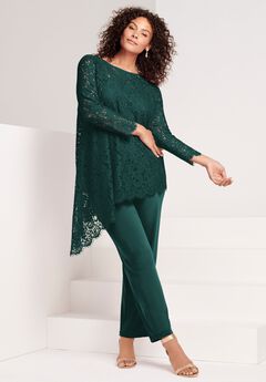 Plus-Size Asymmetrical Lace Pant Set –Long Sleeve Lace Scalloped Tunic & Elastic Waist Pants