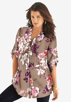 Plus Size Floral Y-Neck Pintuck Tunic – Adjustable Long Sleeve Button-Front, Relaxed Shirt Style