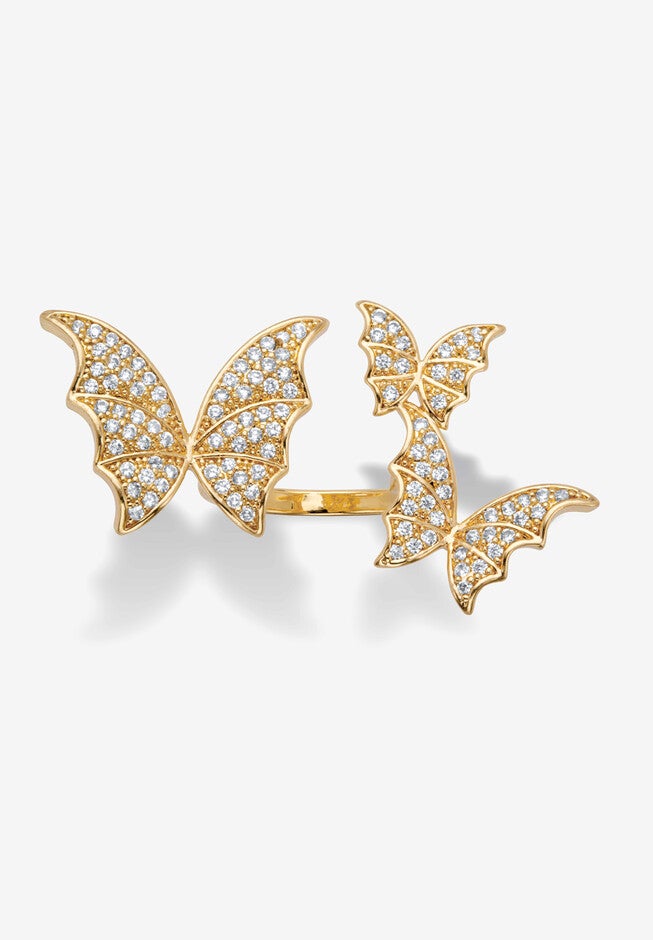 Goldtone Round Crystal Adjustable Butterfly Ring, , alternate image number null