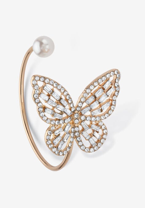 White Baguette Crystal & Simulated Pearl Butterfly Bangle Bracelet Goldtone, PEARL CRYSTAL, hi-res image number null