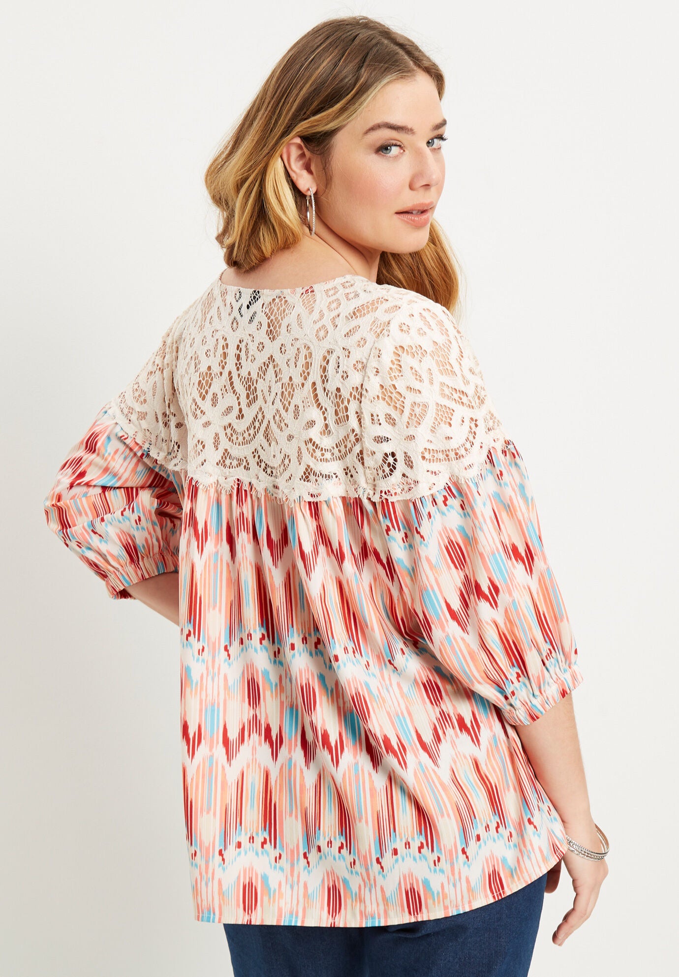 Blouson-Sleeve Crochet Yoke Blouse., , on-hover image number 1