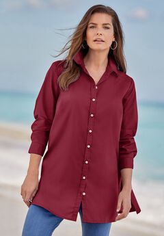 Kate Long-Sleeve Crisp Cotton-Blend Button-Front Tunic