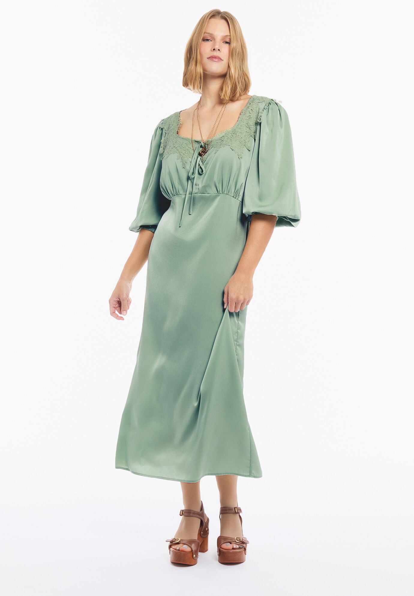 Lace-Trim Satin Midi Slip Dress