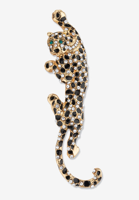Black With White & Green Crystal Leopard Pin Goldtone 4" Length, CRYSTAL, hi-res image number null