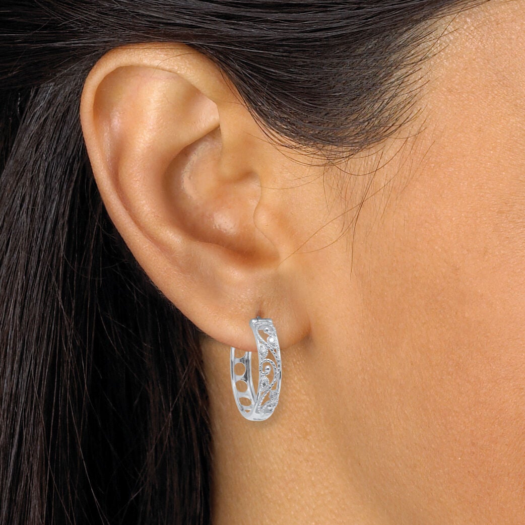 .10 TCW Diamond Sterling Silver Filigree Hoop Earrings (7/10 inch), WHITE, alternate image number 2