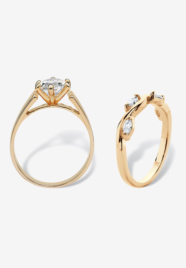 2.88 Cttw. Cubic Zirconia Gold-Plated Solitaire And Vine Wedding Ring Set, , on-hover image number null