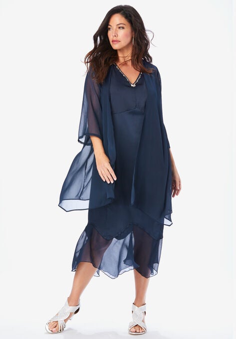 Scallop-Trim Chiffon 2-Piece Dress Set, NAVY, hi-res image number null