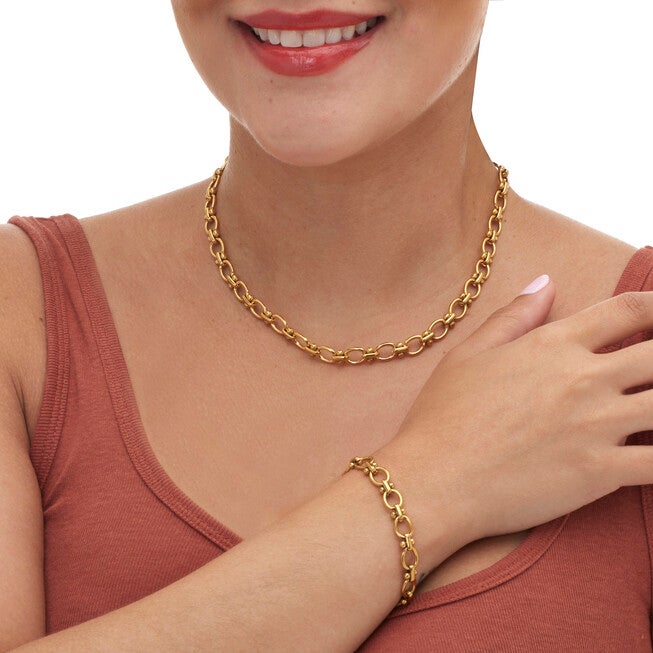 Yellow Gold Ion-Plated Stainless Steel Round Link Necklace Set, 18 to 20-inch, GOLD, alternate image number null