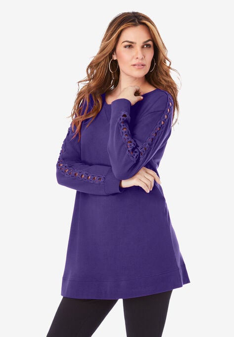 Crochet Sleeve Sweatshirt Tunic, MIDNIGHT VIOLET, hi-res image number null