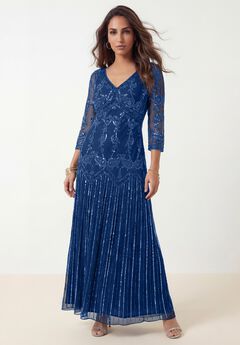 Plus Size Beaded V-Neck 3/4 Sleeve Sleeve Maxi Gown