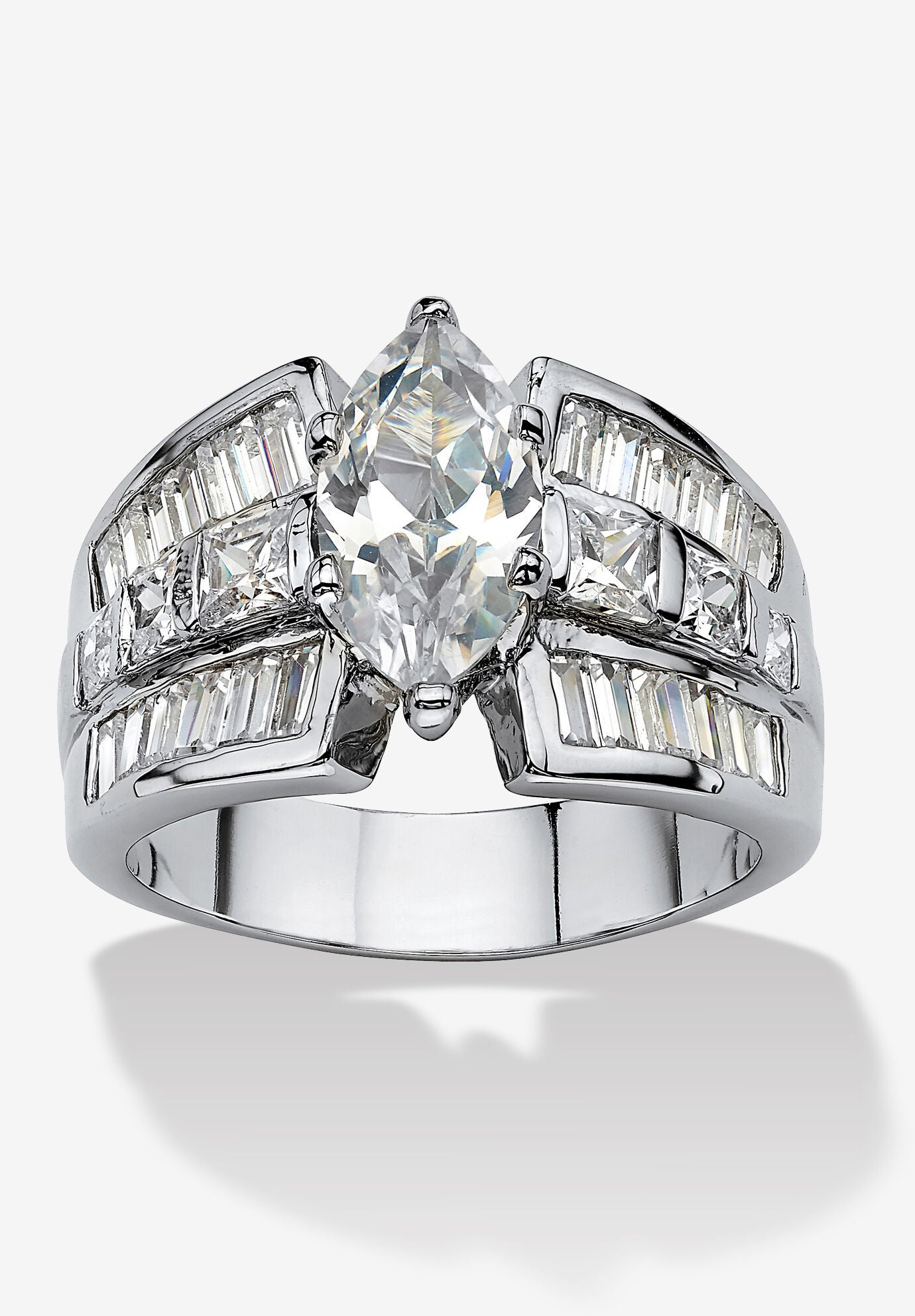 7.87 Tcw Marquise-Cut Cubic Zirconia Platinum-Plated Engagement Anniversary Ring, SILVER, hi-res image number 0