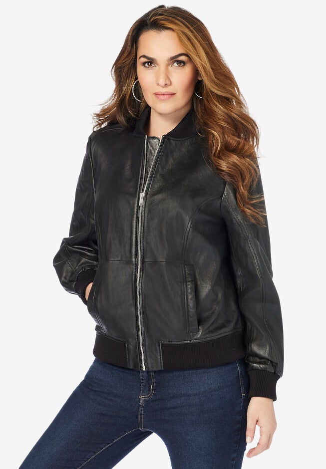 Leather Bomber Jacket, BLACK, hi-res image number null