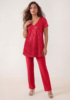 Plus-Size 2 Piece S/S Sequin Top and Pant Set