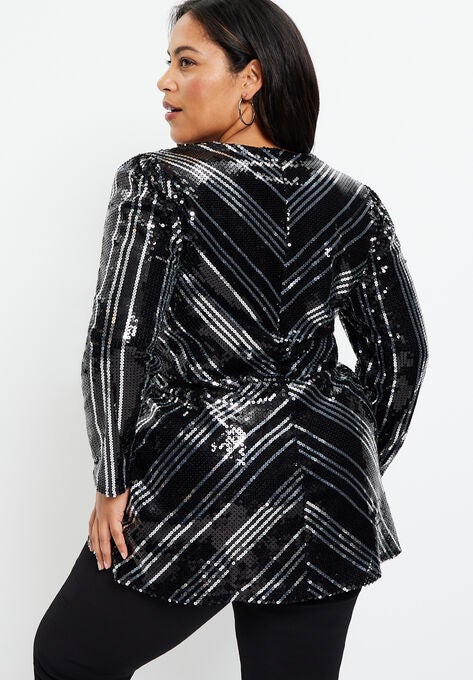 Striped Sequin Faux Wrap Top, , on-hover image number null
