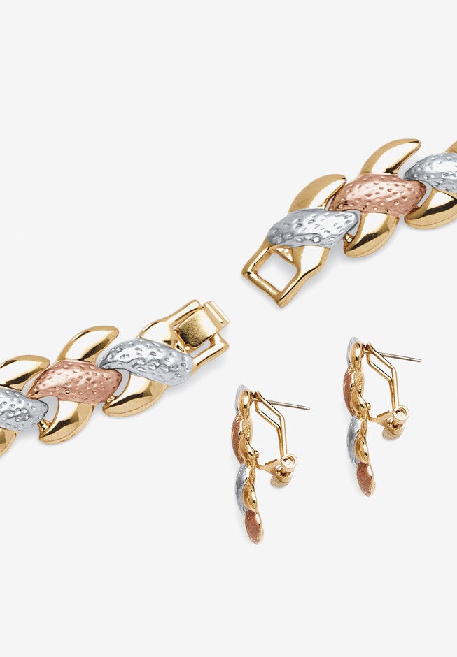 Tri Tone Goldtone Rosetone Silvertone Interlocking Link Necklace, Bracelet And Earring Set, 17 Inches Jewelry, , on-hover image number null
