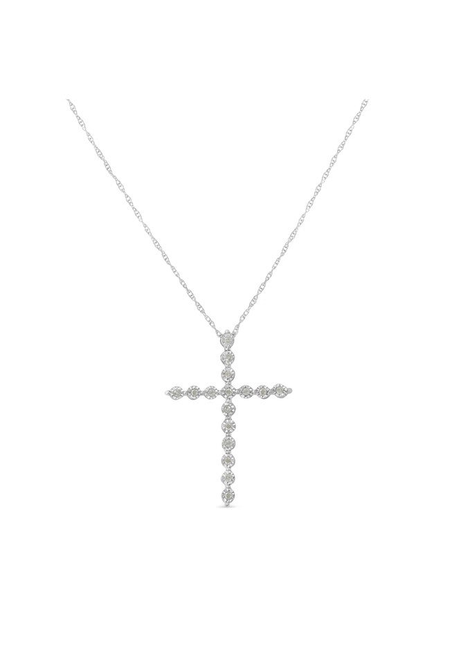 Sterling Silver Brilliantcut Diamond Miracleset Shared Prong Cross Pendant Necklace, , on-hover image number 1