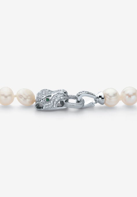 Silvertone Round Pearl And Round Cz Panther Strand Necklace (1/2 Cttw), , on-hover image number null