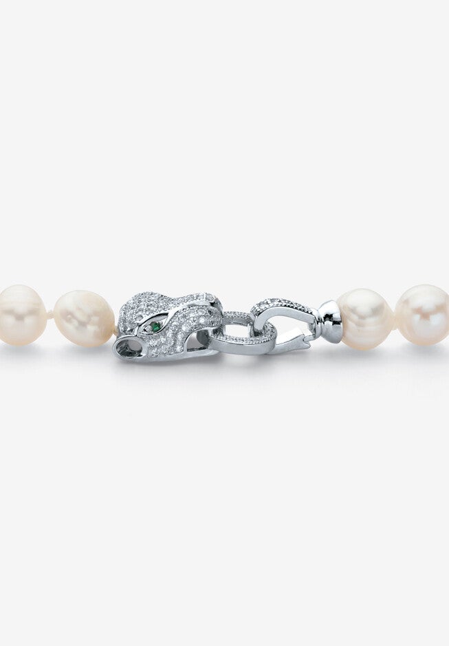 Silvertone Round Pearl And Round Cz Panther Strand Necklace (1/2 Cttw), , on-hover image number 1