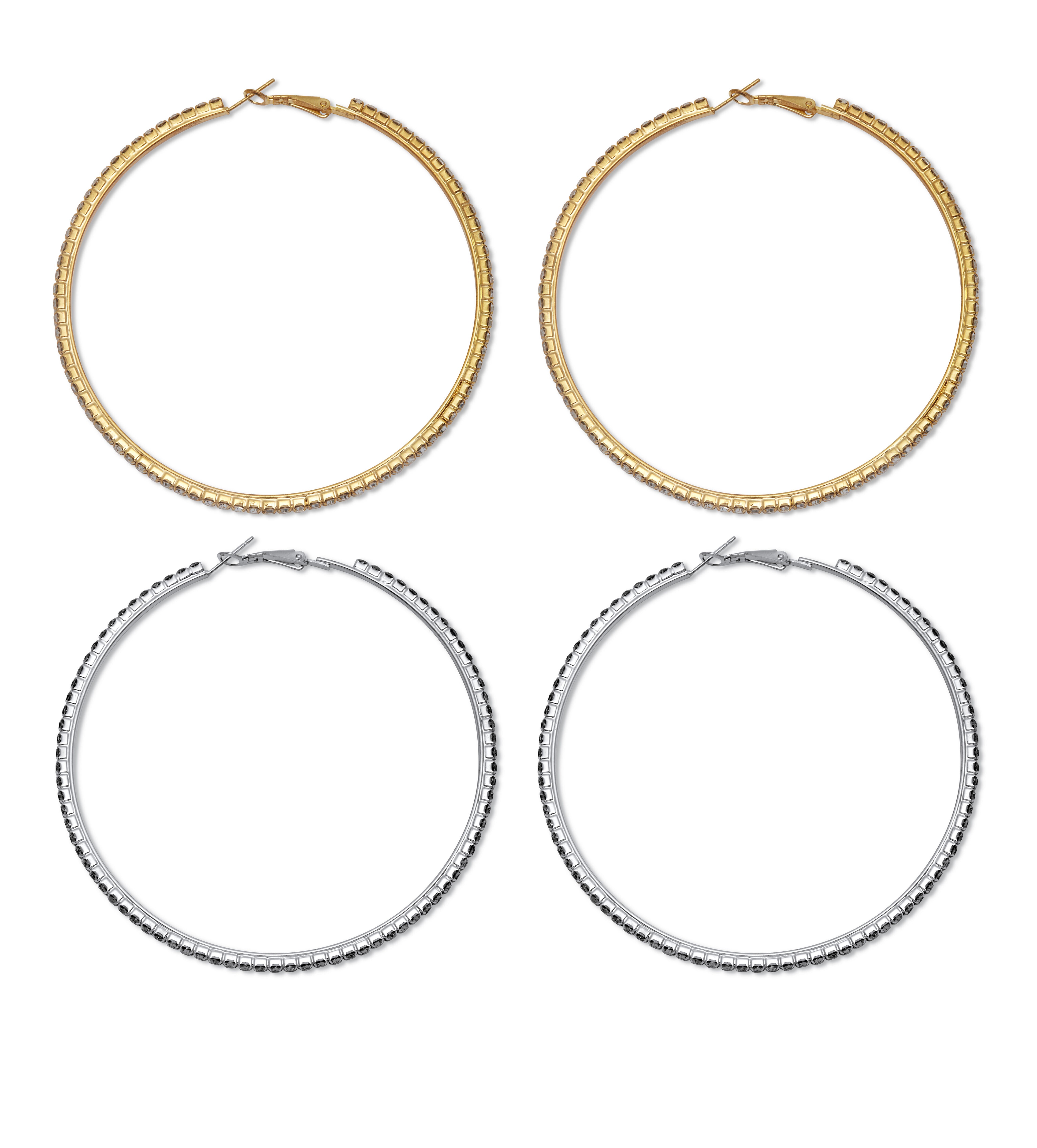2 Pair Crystal Hoop Goldtone and Silvertone Earrings, WHITE, on-hover image number 1
