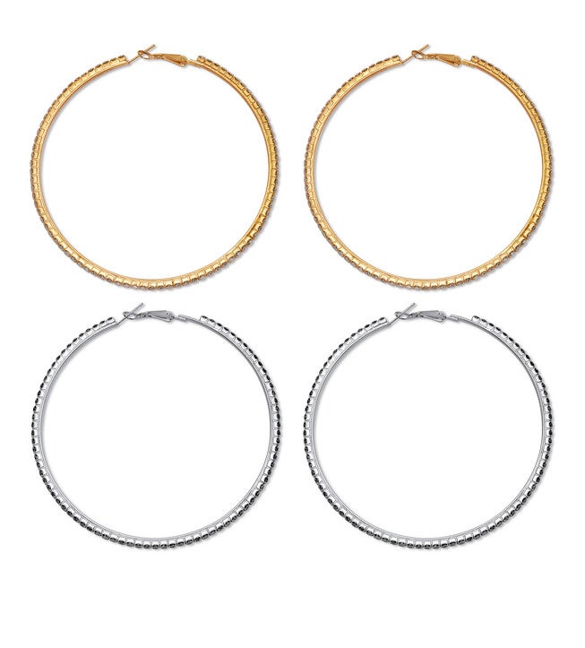 2 Pair Crystal Hoop Goldtone and Silvertone Earrings, WHITE, on-hover image number 1