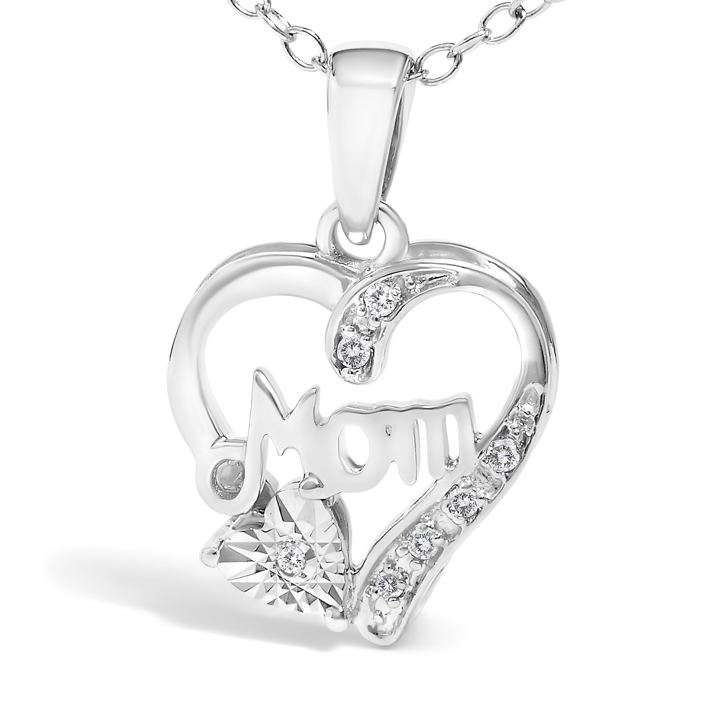 .925 Sterling Silver Diamond Accent Mom with Heart Pendant Necklace, WHITE, on-hover image number 1