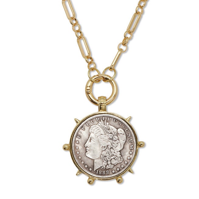 Goldtone Morgan Silver Dollar Coin Replica Necklace 24-inch, GOLD, hi-res image number 0