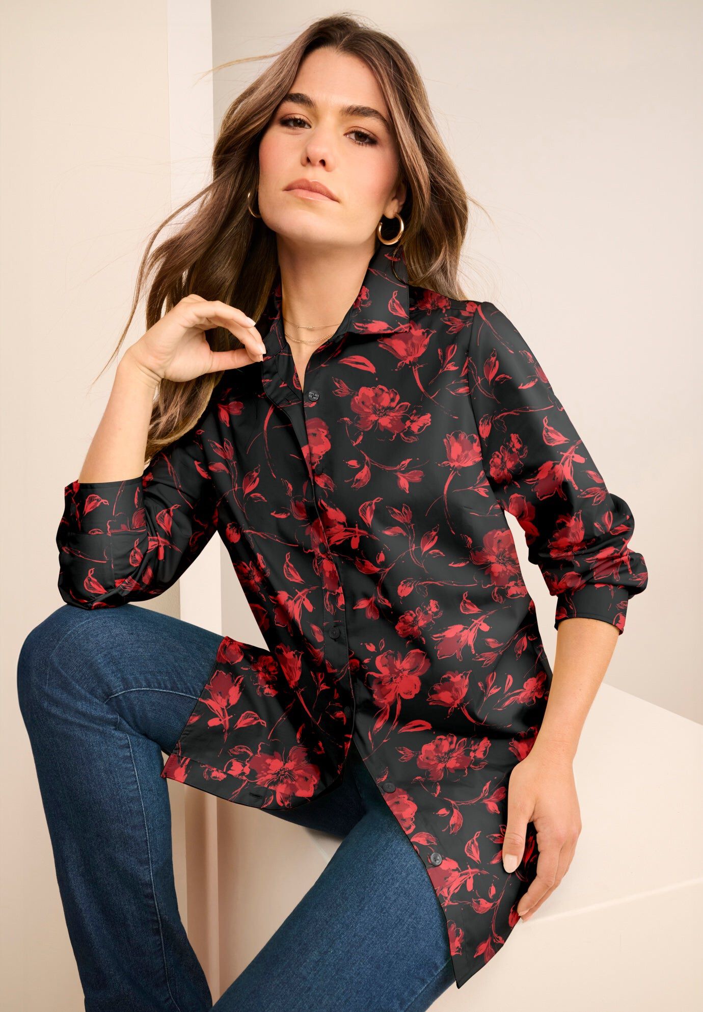 Kate Long-Sleeve Crisp Cotton-Blend Button-Front Shirt, RED SKETCH BLOSSOMS, hi-res image number 0