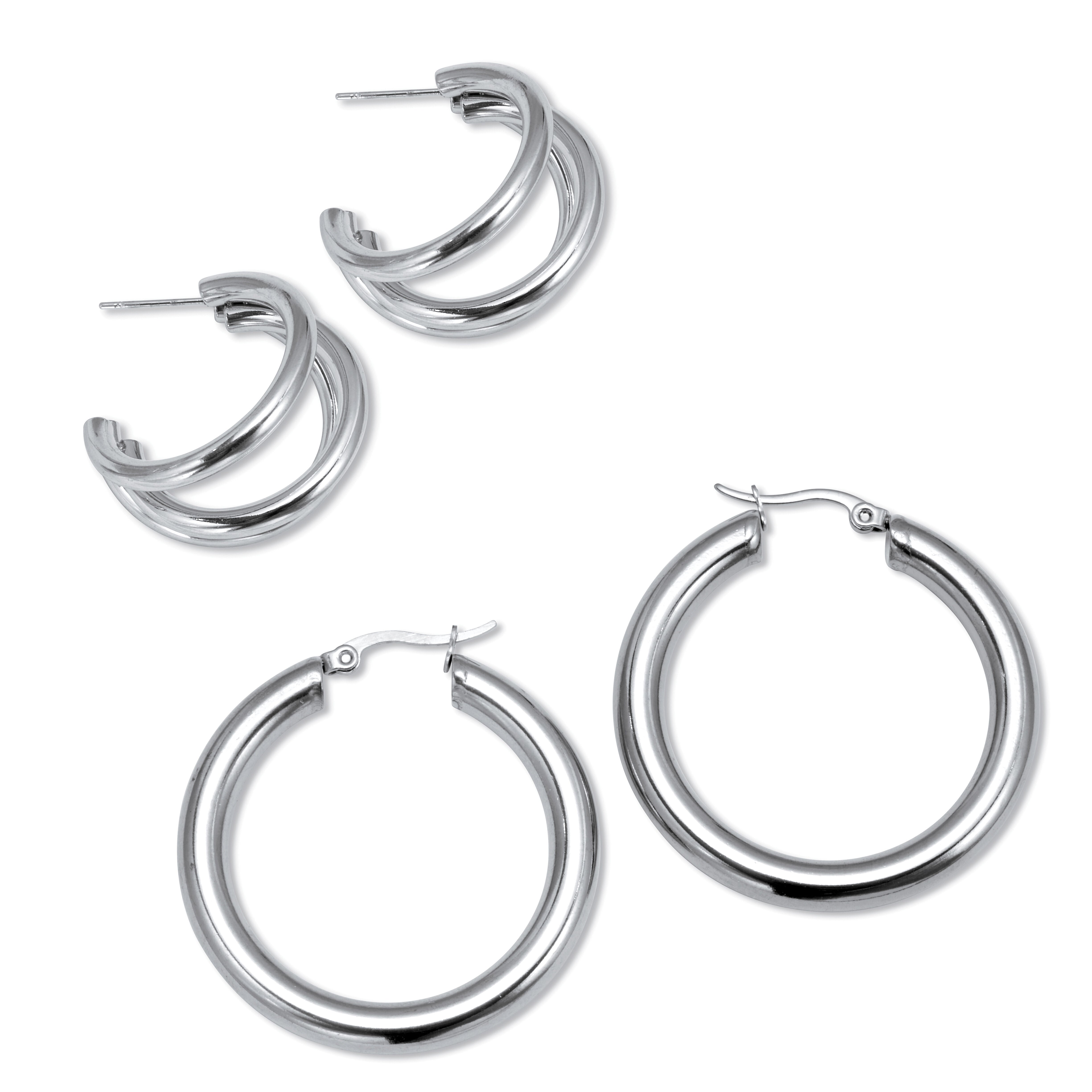 Stainless Steel Hoop Earrings, 2-Pair Set, SILVER, on-hover image number 1