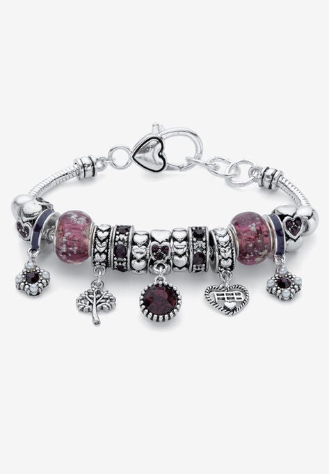 Antique Silvertone Simulated Birthstone 8" Charm Bracelet, FEBRUARY, hi-res image number null